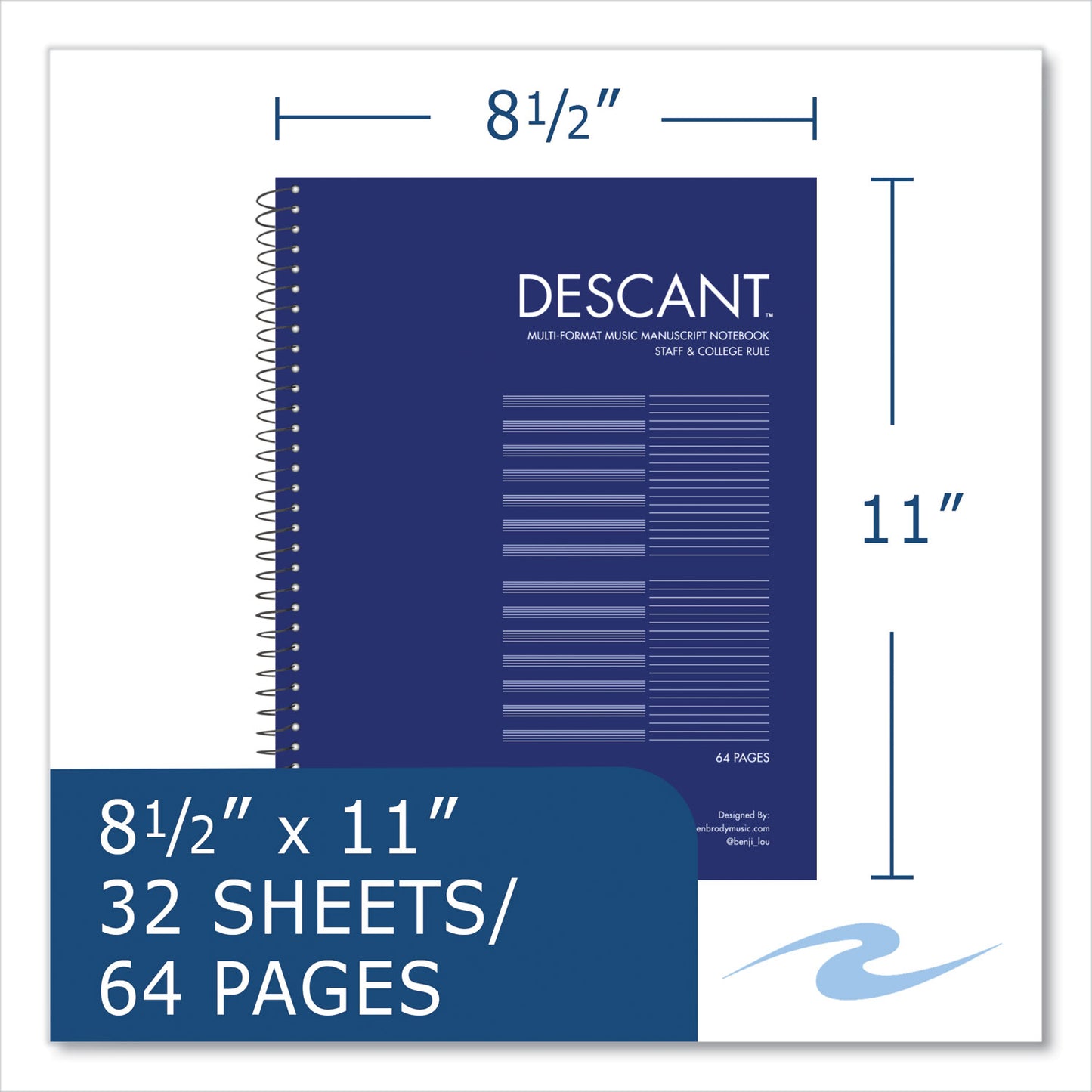 Roaring Spring Music Notebook, Medium/College Rule, Transcription Format, Blue Cover, (32) 8.5 x 11 Sheets, 24/Carton (11032CS)