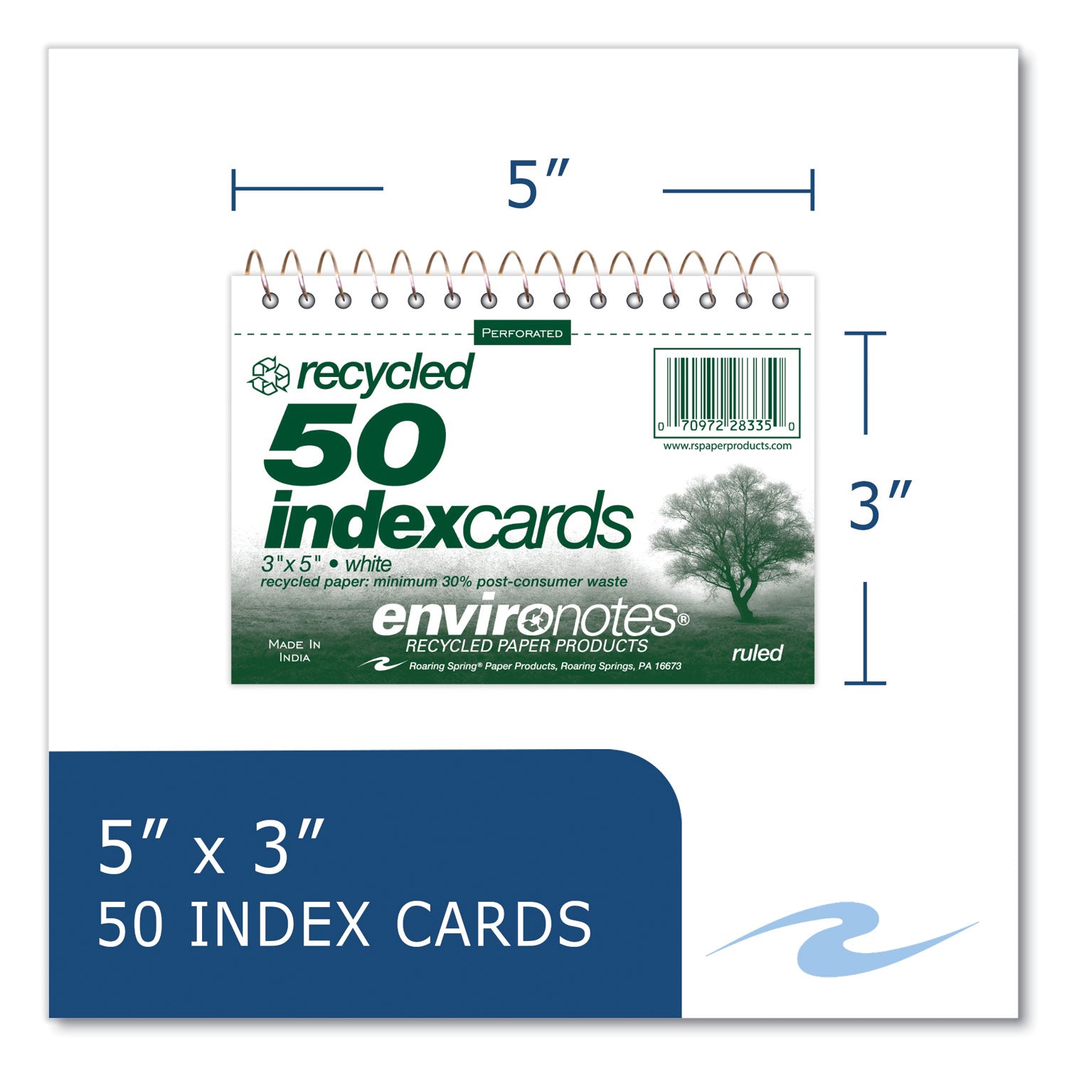 Roaring Spring Environotes Wirebound Recycled Index Cards, Narrow Rule, 3 x 5, White, 50 Cards, 24/Carton (28335CS)