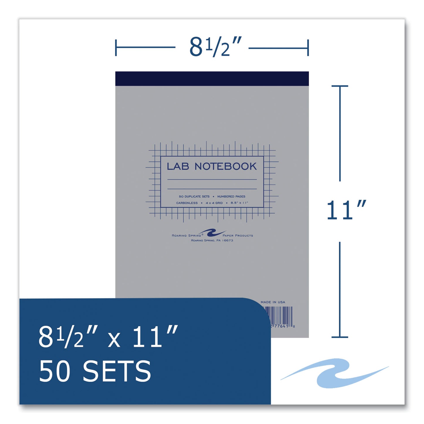 Roaring Spring Lab and Science Carbonless Notebook, Quad Rule (4 sq/in), Gray Cover, (100) 8.5 x 11 Sheets, 24/Carton (77641CS)