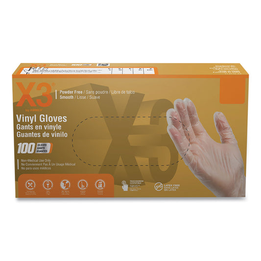 X3 by AMMEX Industrial Vinyl Gloves, Powder-Free, 3 mil, Small, Clear, 100/Box, 10 Boxes/Carton (GPX342100)