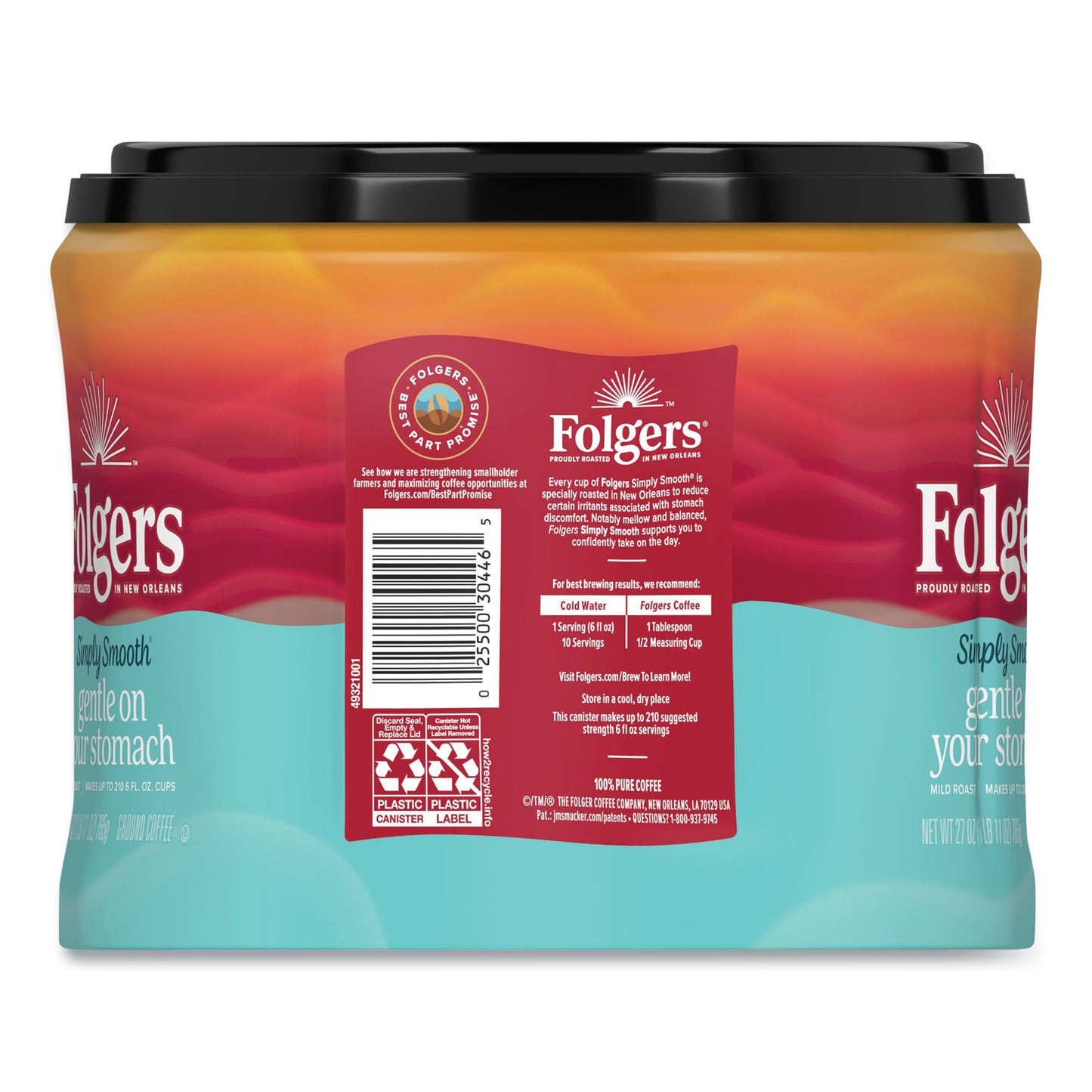 Folgers Simply Smooth Ground Coffee, Gentle On Your Stomach, 27 oz Canister, 6/Carton (30446CT)