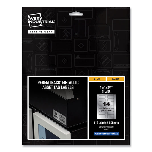 Avery PermaTrack Metallic Asset Tag Labels, Laser Printers, 1.25 x 2.75, Silver, 14/Sheet, 8 Sheets/Pack (61528)