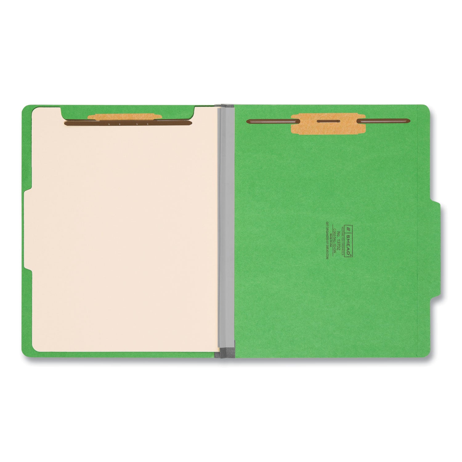 Smead Top Tab Classification Folders, Four SafeSHIELD Fasteners, 2" Expansion, 1 Divider, Letter Size, Green Exterior, 10/Box (13702)