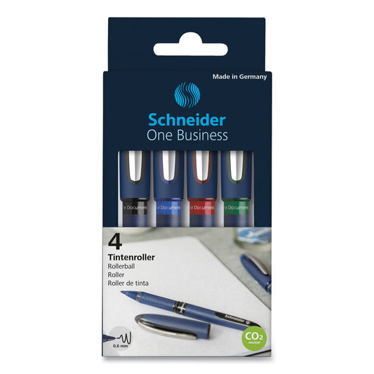 Schneider One Business Rollerball Pen, Stick, Fine 0.6 mm, Assorted Ink and Barrel Colors, 4/Pack (183094)