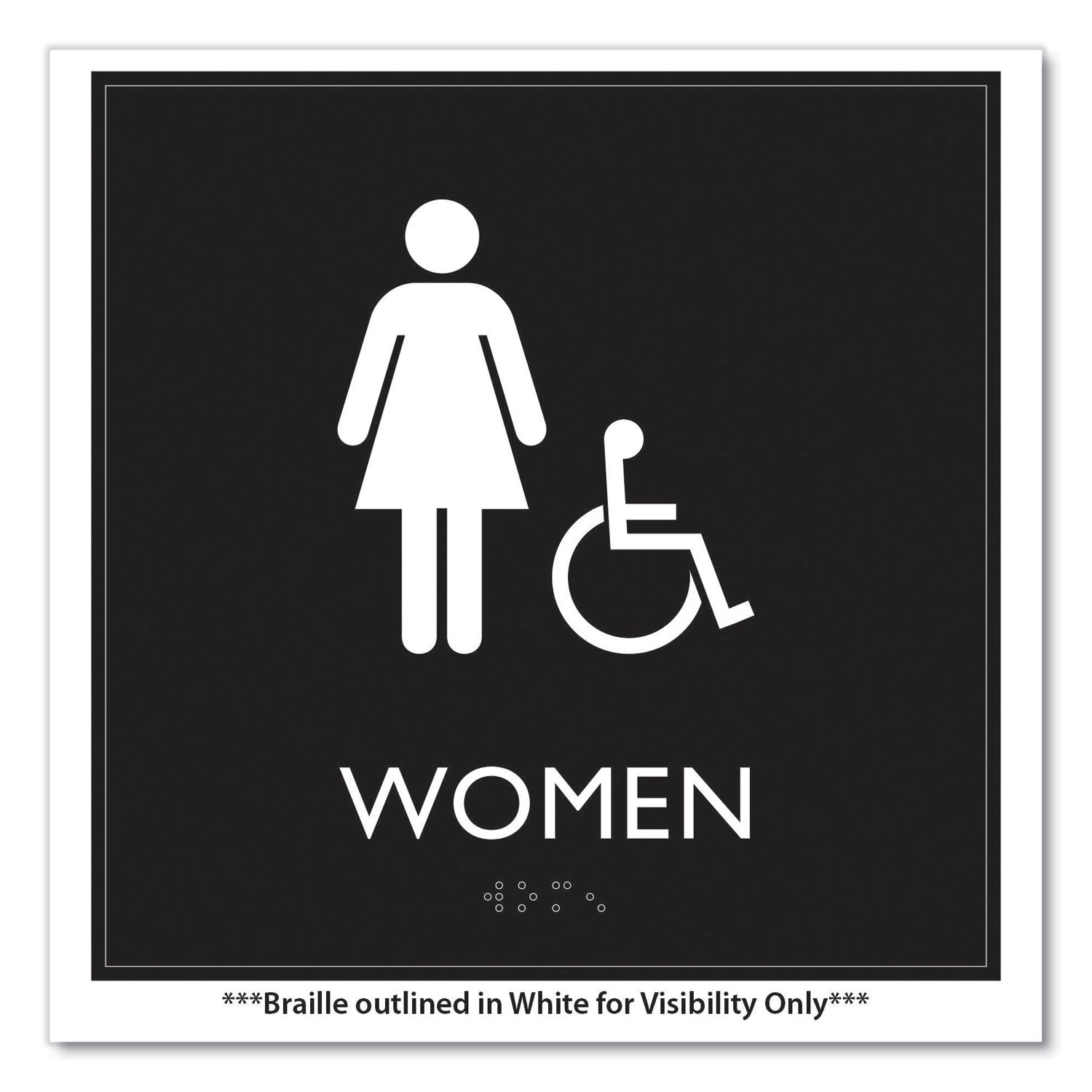 Headline ADA Sign, Women Accessible, Plastic, 8 x8, Clear/White (66913)