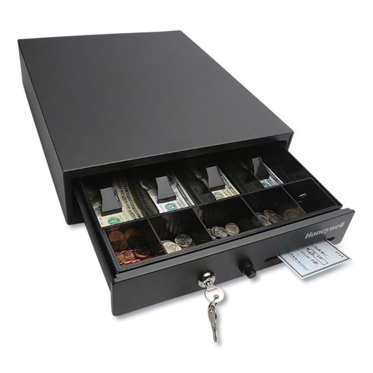 Honeywell Space-Saving Steel Cash Drawer, 4 Bill, 5 Coin Slots, Key Lock, 17 x 13 x 4, Black (6313)