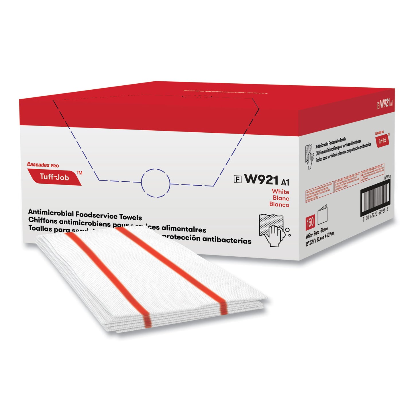 Cascades Tuff-Job S900 Antimicrobial Foodservice Towels, 12 x 24, White/Red, 150/Carton (W921)
