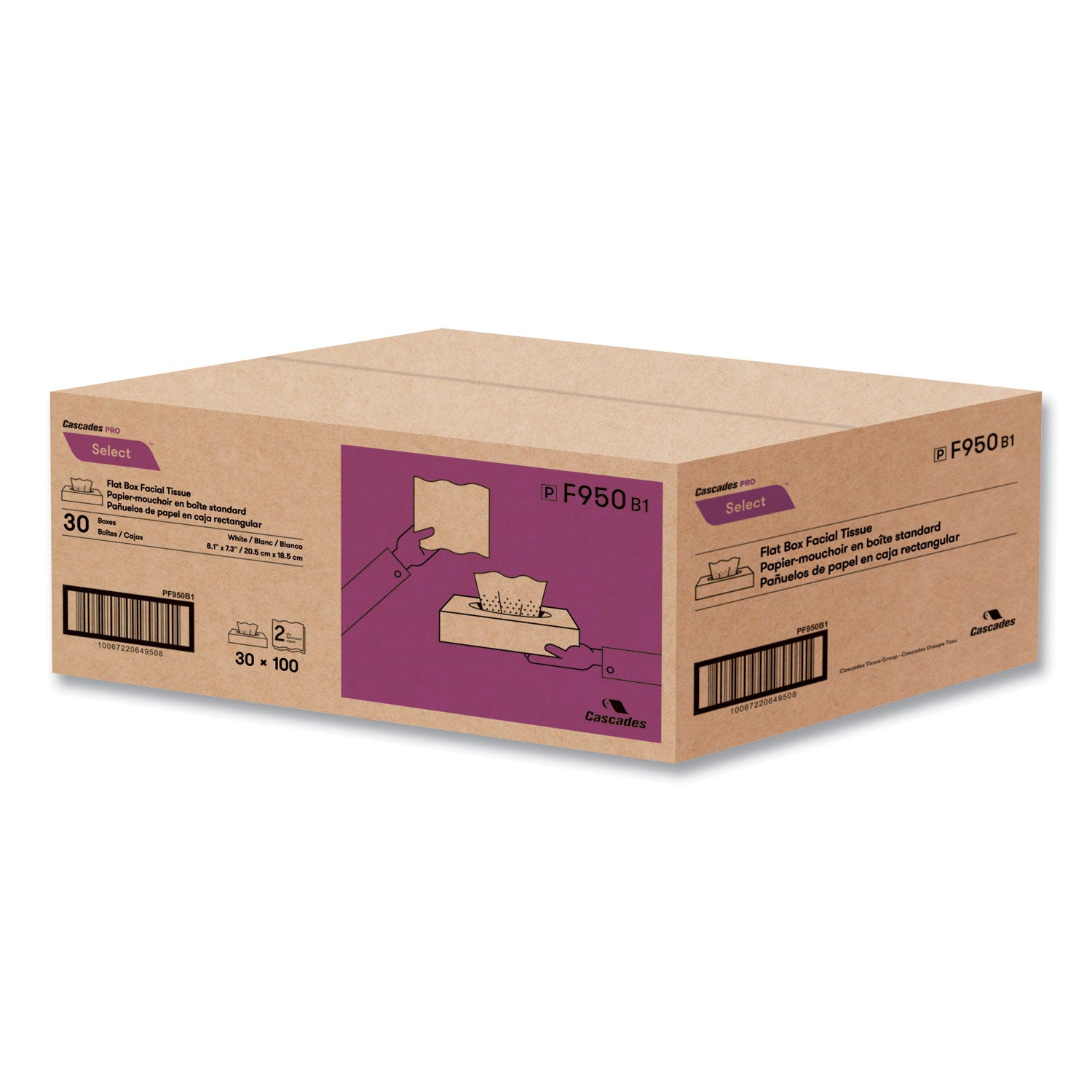 Cascades Select Flat Box Facial Tissue, 2-Ply, White, 100 Sheets/Box, 30 Boxes/Carton (F950)