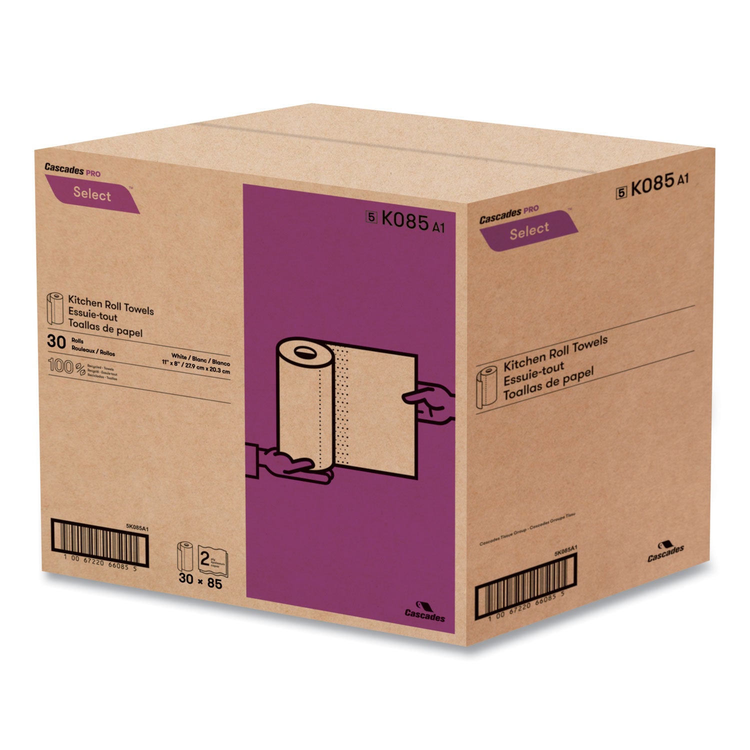 Cascades Select Kitchen Roll Towels, 2-Ply, 8 x 11, 85/Roll, 30/Carton (K085)