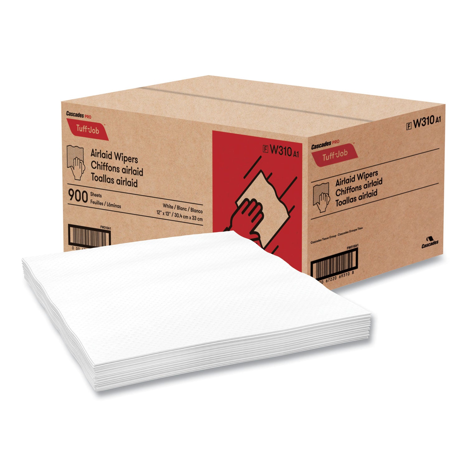 Cascades Tuff-Job Airlaid Wipers, Medium, 12 x 13, White, 900/Carton (W310)