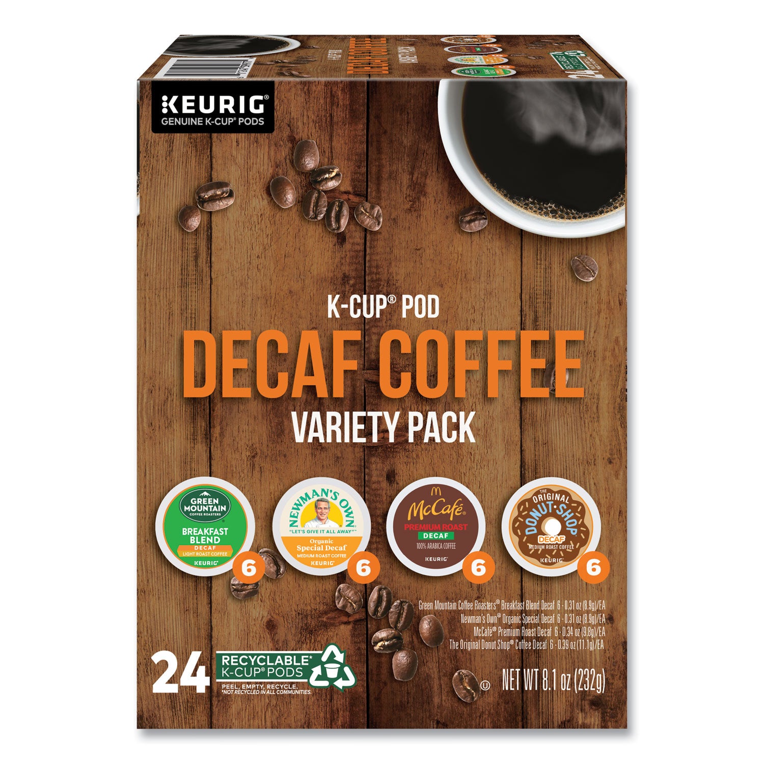 Keurig Decaf Variety Coffee K-Cups, Assorted Flavors, 0.38 oz K-Cup, 24/Box (9977)