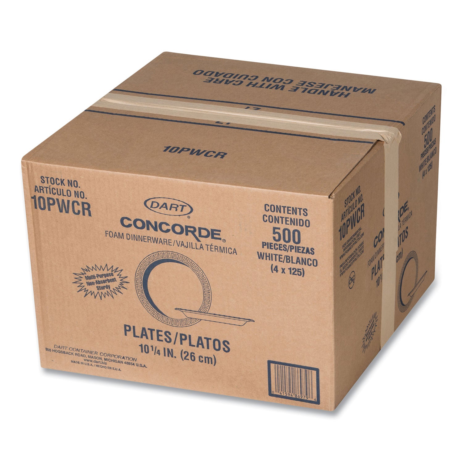 Dart Concorde Foam Plate, 10.25" dia, White, 125/Pack, 4 Packs/Carton (10PWCR)