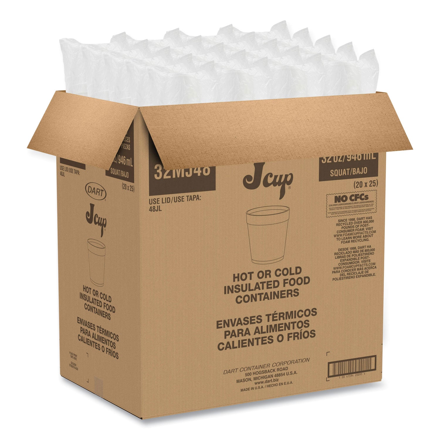 Dart Foam Containers, 32 oz, White, 25/Bag, 20 Bags/Carton (32MJ48)