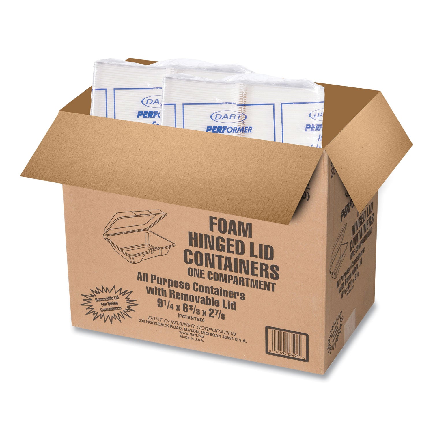 Dart Foam Hinged Lid Containers, 1-Compartment, 6.4 x 9.3 x 2.9, White, 100/Pack, 2 Packs/Carton (205HT1)