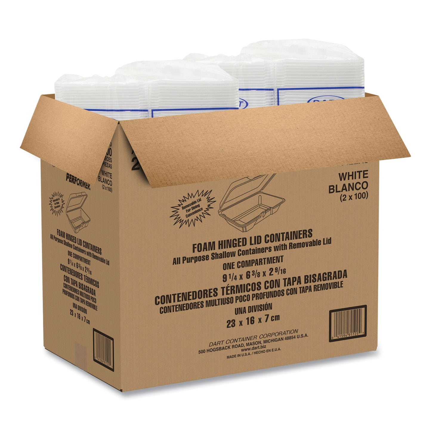 Dart Foam Hinged Lid Containers, 6.4 x 9.3 x 2.6, White, 200/Carton (206HT1R)
