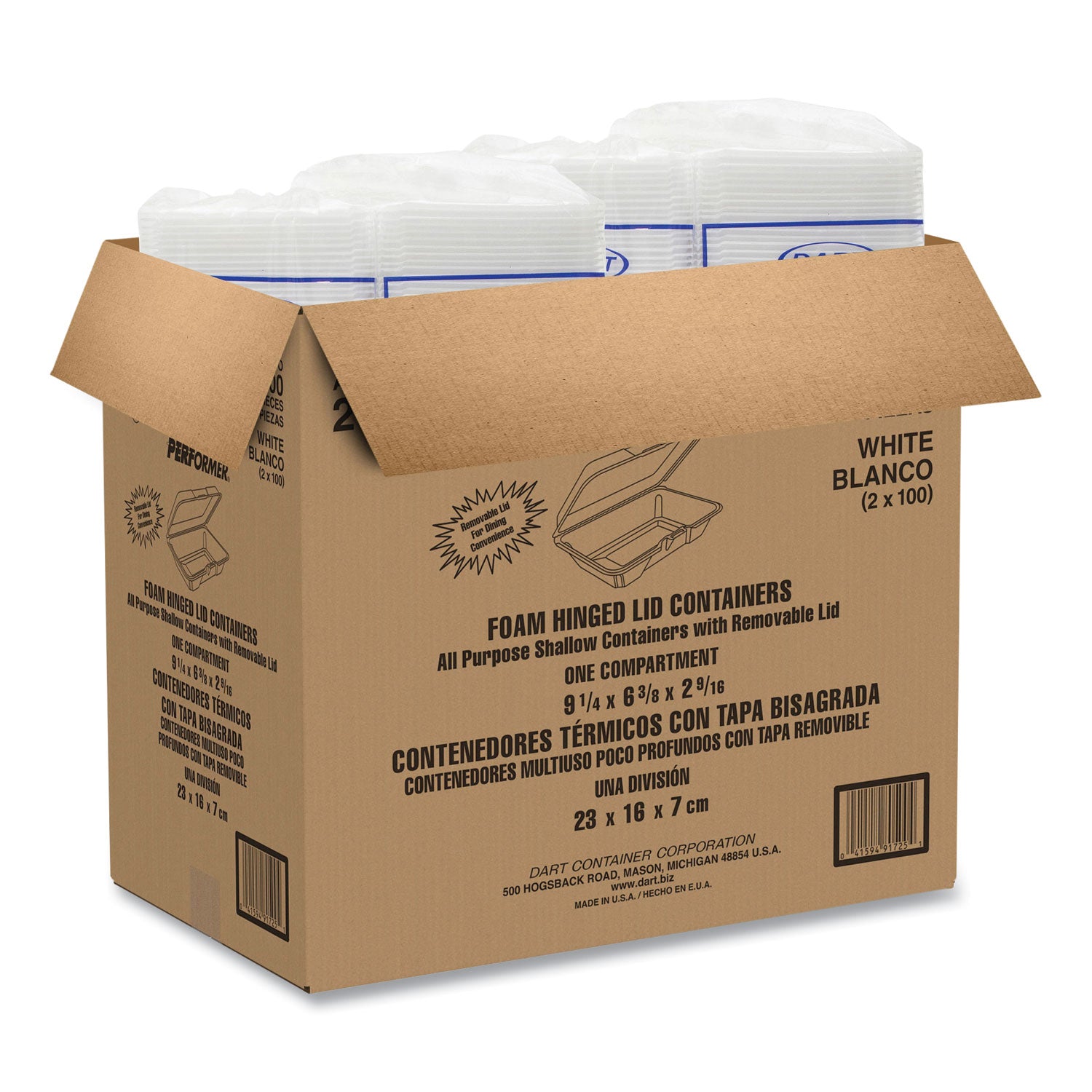 Dart Foam Hinged Lid Containers, 6.4 x 9.3 x 2.6, White, 200/Carton (206HT1R)