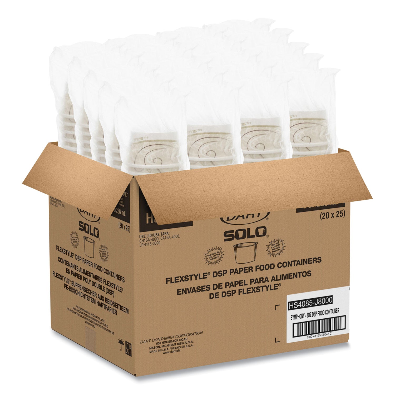 SOLO Flexstyle Double Poly Paper Containers, 8 oz, Symphony Design, Paper, 25/Pack, 20 Packs/Carton (HS4085SYM)