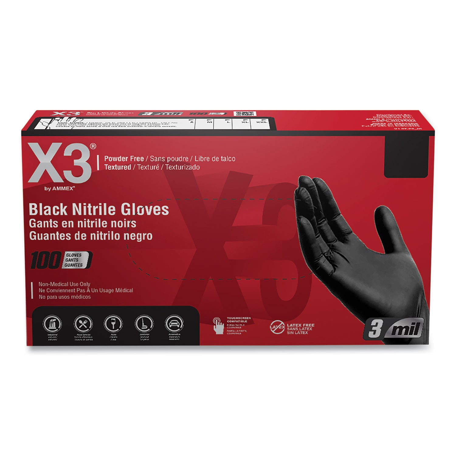 X3 by AMMEX Industrial Nitrile Gloves, Powder-Free, 3 mil, Small, Black, 100/Box, 10 Boxes/Carton (BX342100CT)