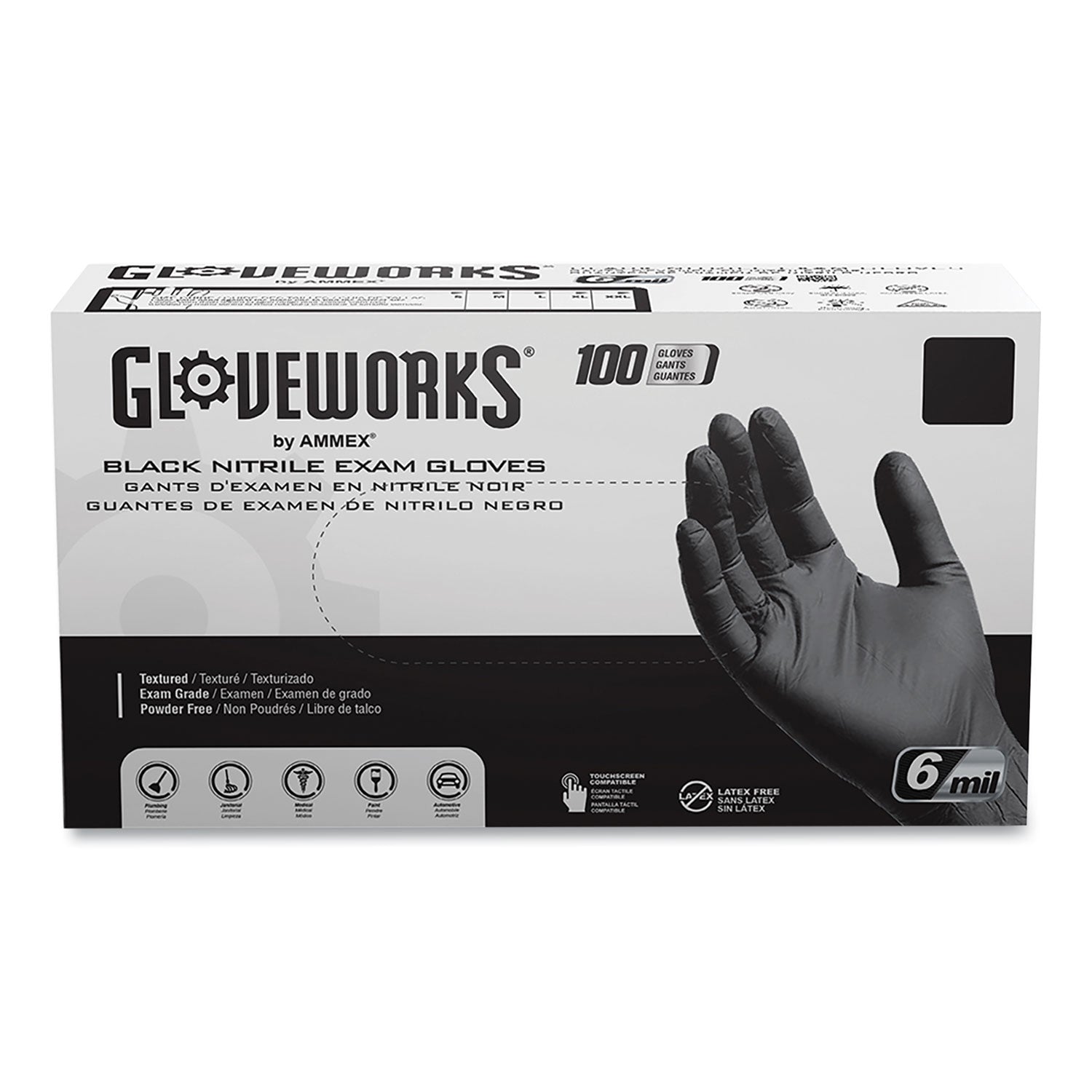 GloveWorks by AMMEX Nitrile Exam Gloves, Powder-Free, 6 mil, XX-Large, Black, 100 Gloves/Box, 10 Boxes/Carton (GWBEN49100)