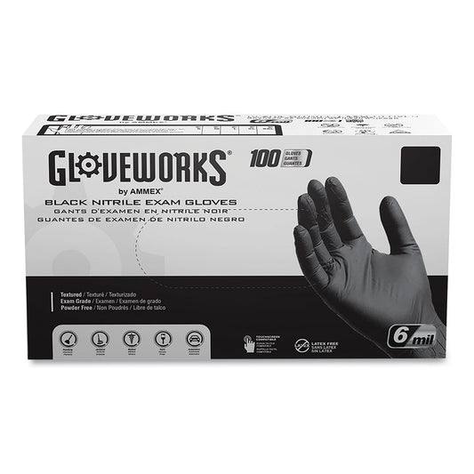 GloveWorks by AMMEX Nitrile Exam Gloves, Powder-Free, 6 mil, XX-Large, Black, 100 Gloves/Box, 10 Boxes/Carton (GWBEN49100)