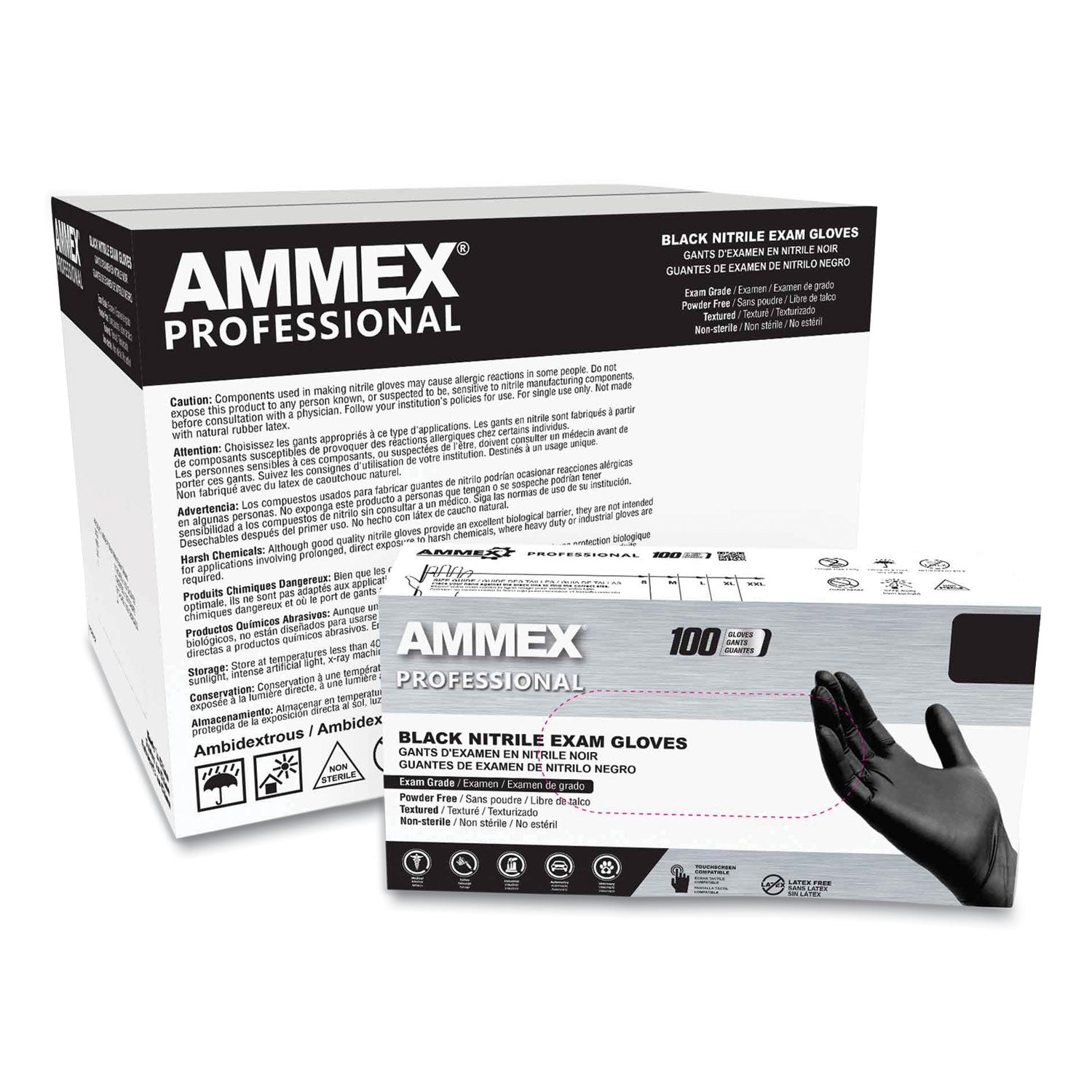 AMMEX Professional Nitrile Exam Gloves, Powder-Free, 3 mil, Small, Black, 100/Box, 10 Boxes/Carton (ABNPF42100)