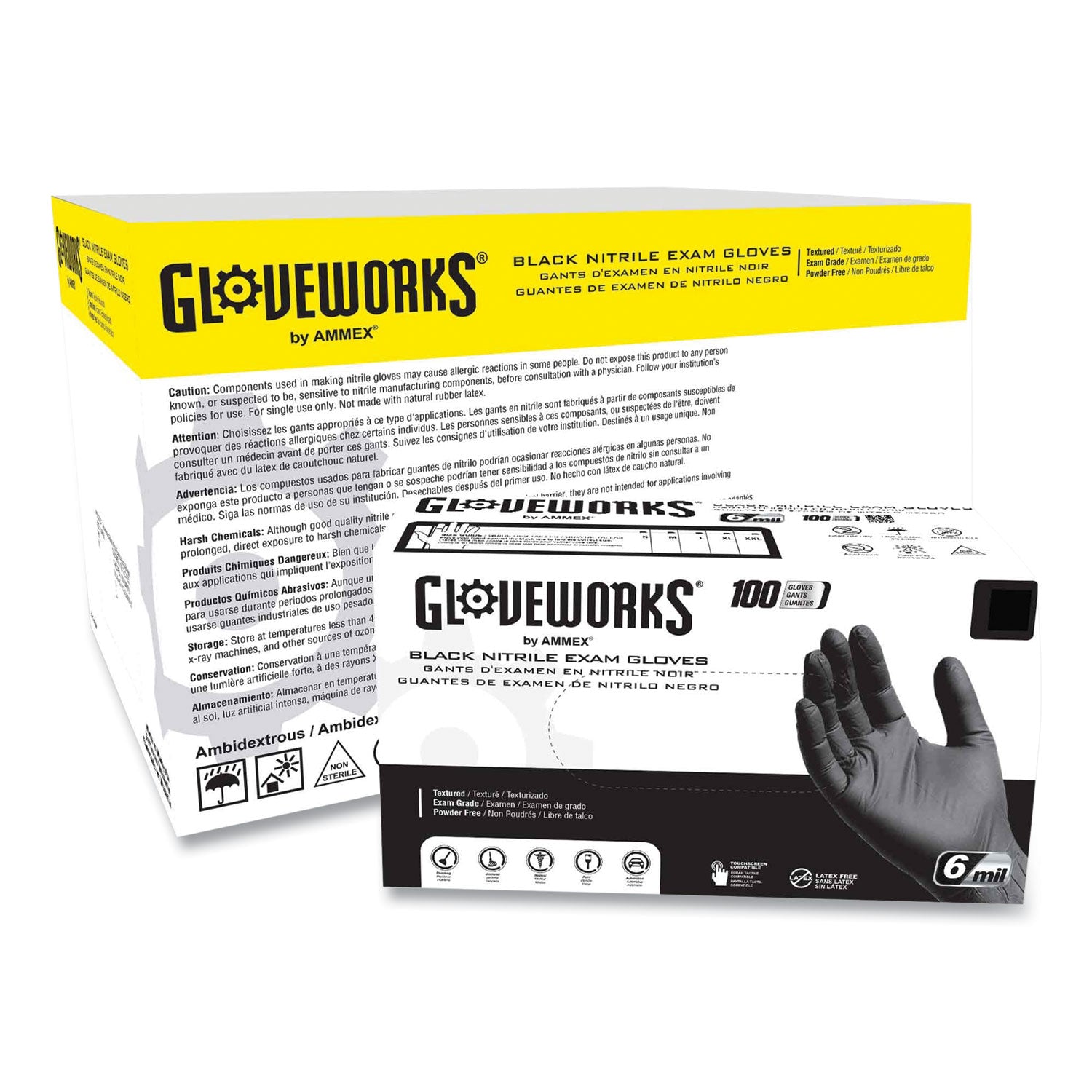 GloveWorks by AMMEX Nitrile Exam Gloves, Powder-Free, 6 mil, XX-Large, Black, 100 Gloves/Box, 10 Boxes/Carton (GWBEN49100)