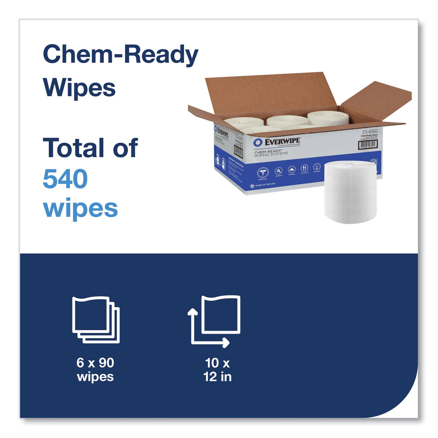 Everwipe Chem-Ready Dry Wipes, 10 x 12, 90/Box, 6 Boxes/Carton (192808)