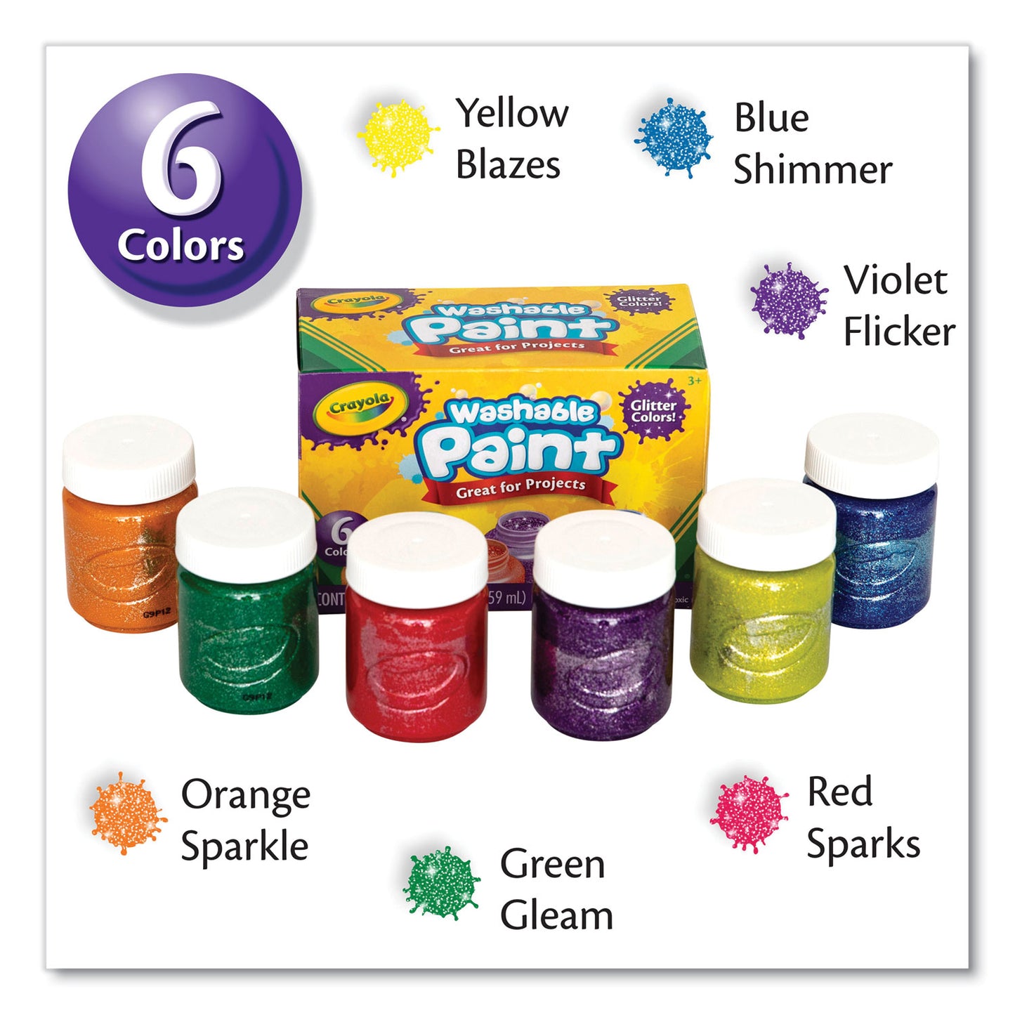 Crayola Washable Paint, 6 Assorted Classic Colors, 2 oz Bottle, 6/Pack (542400)