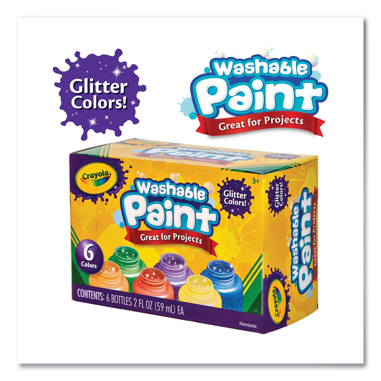 Crayola Washable Paint, 6 Assorted Classic Colors, 2 oz Bottle, 6/Pack (542400)