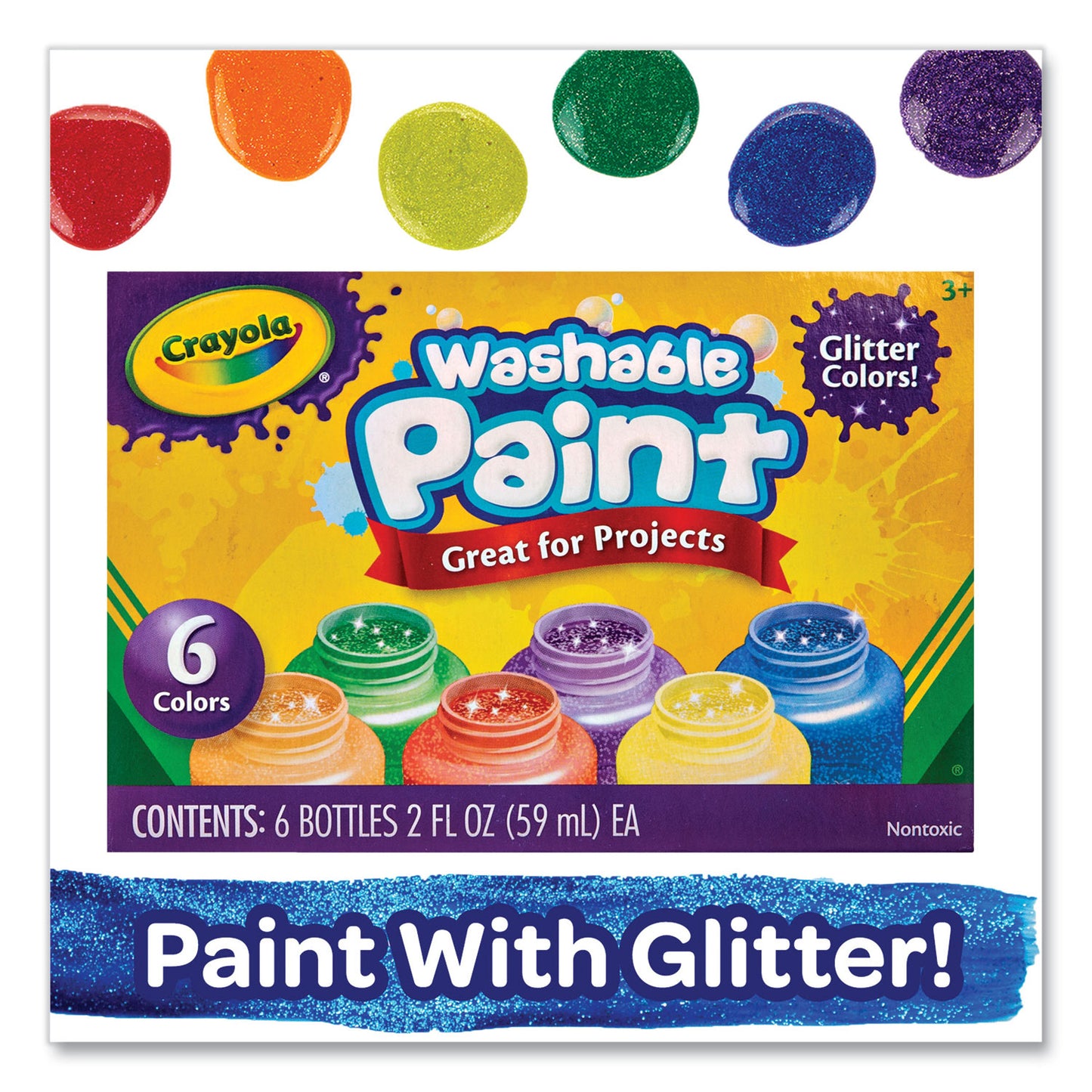 Crayola Washable Paint, 6 Assorted Classic Colors, 2 oz Bottle, 6/Pack (542400)