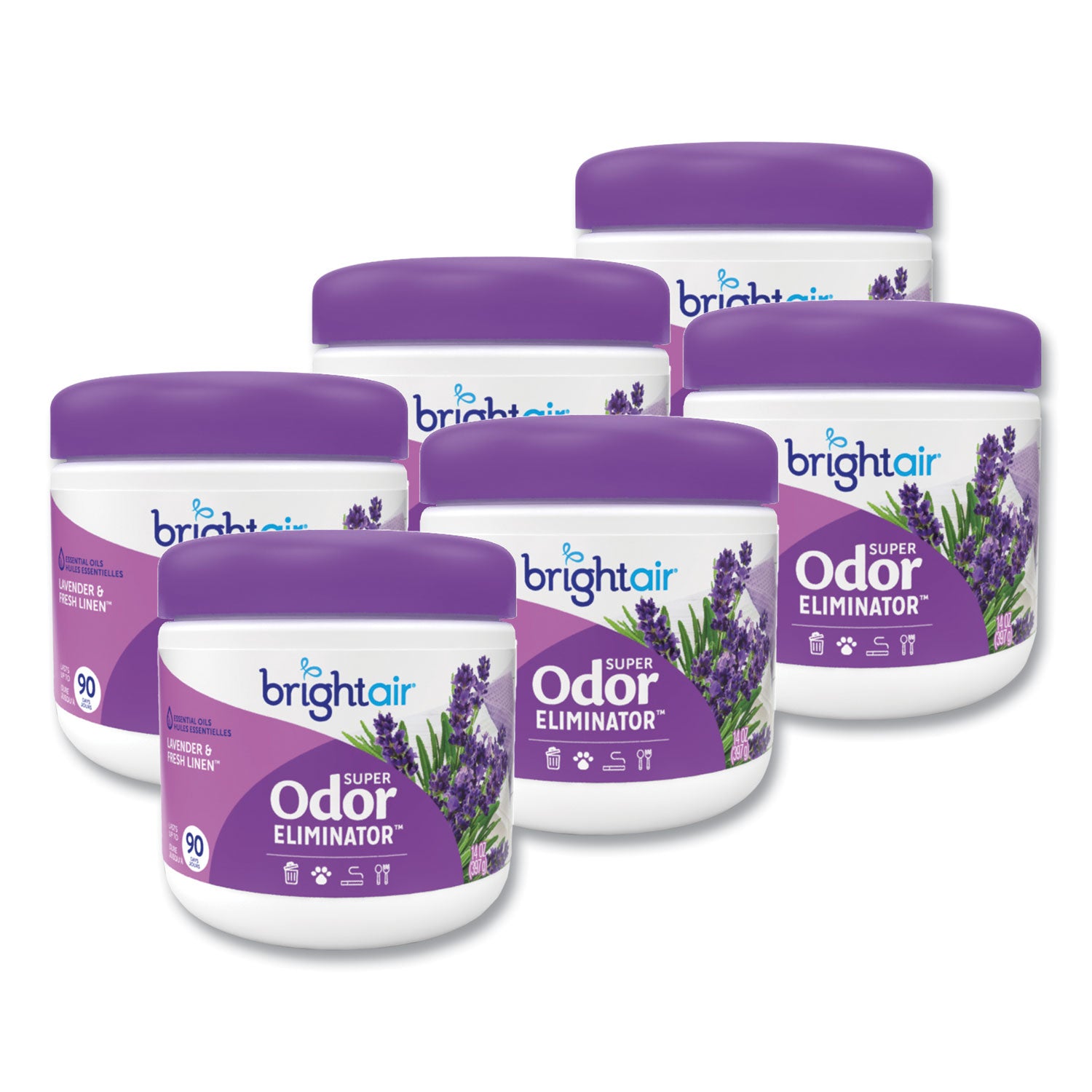 Bright Air Super Odor Eliminator, Lavender and Fresh Linen, Purple, 14 oz Jar, 6/Carton (900014CT)