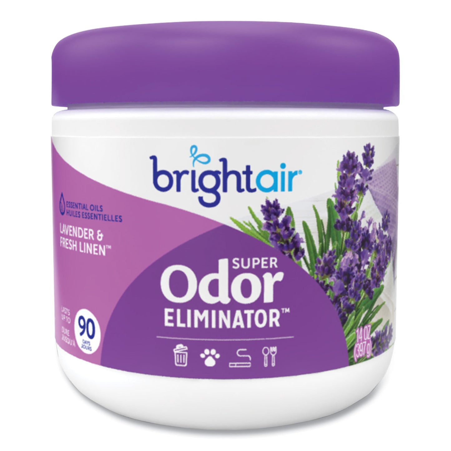 Bright Air Super Odor Eliminator, Lavender and Fresh Linen, Purple, 14 oz Jar, 6/Carton (900014CT)