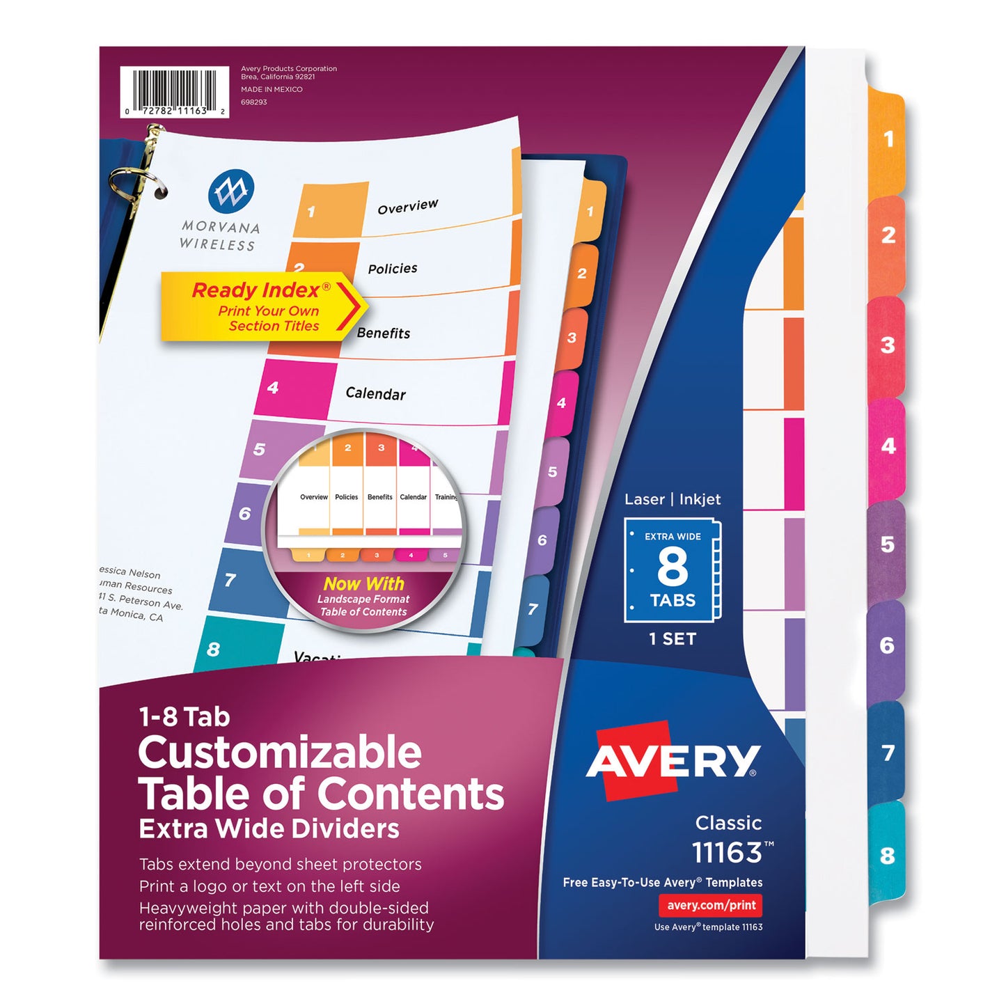 Avery Customizable TOC Ready Index Multicolor Tab Dividers, Extra Wide Tabs, 8-Tab, 1 to 8, 11 x 9.25, White, 1 Set (11163)
