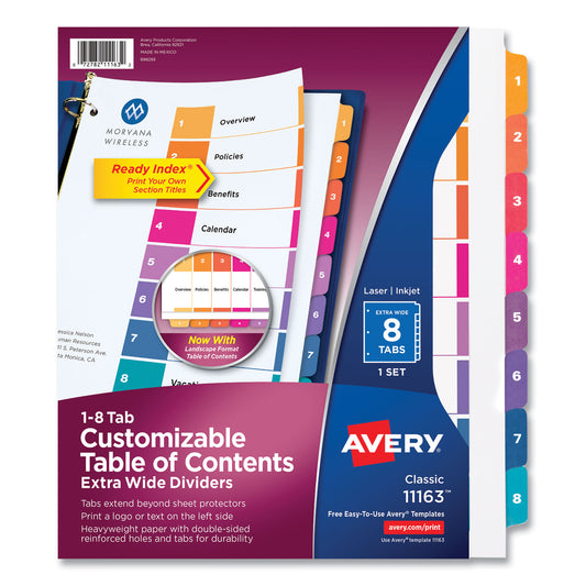 Avery Customizable TOC Ready Index Multicolor Tab Dividers, Extra Wide Tabs, 8-Tab, 1 to 8, 11 x 9.25, White, 1 Set (11163)