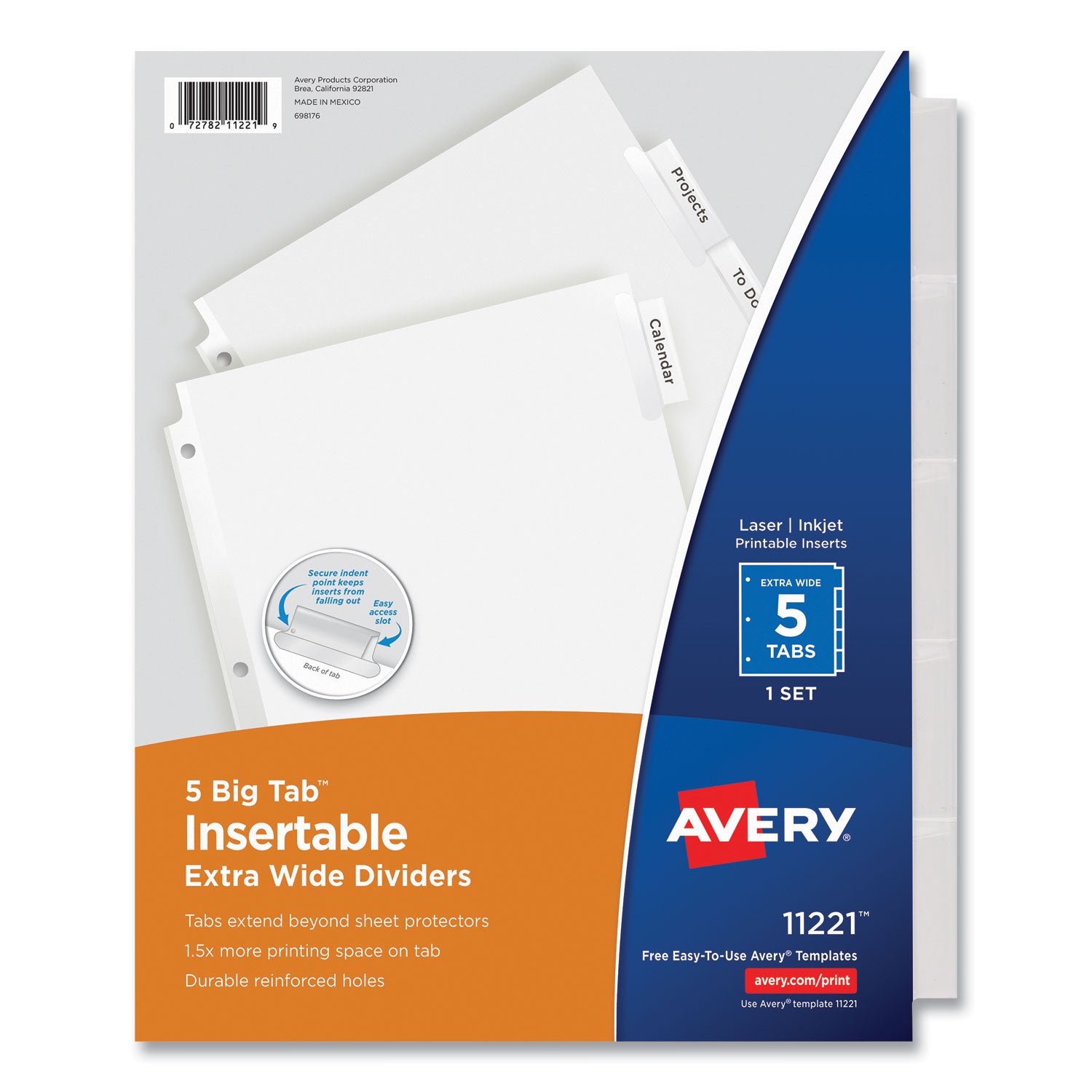 Avery Insertable Big Tab Dividers, 5-Tab, Single-Sided Copper Edge Reinforcing, 11.13 x 9.25, White, Clear Tabs, 1 Set (11221)