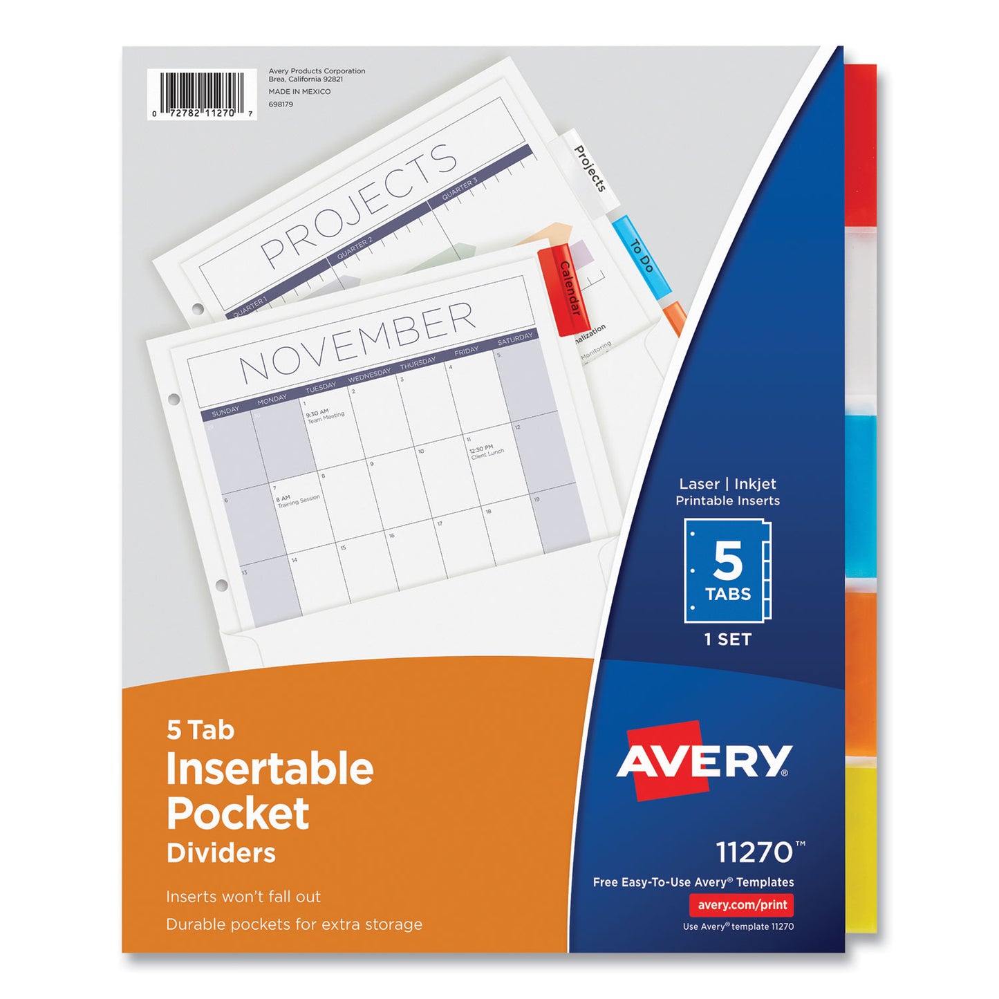 Avery Insertable Dividers w/Single Pockets, 5-Tab, 11.25 x 9.13, White, 1 Set (11270)