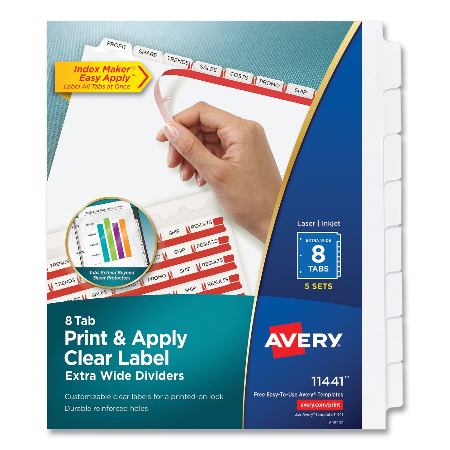 Avery Print and Apply Index Maker Clear Label Dividers, Extra Wide Tabs, 8-Tab, 11.25 x 9.25, White, 5 Sets (11441)