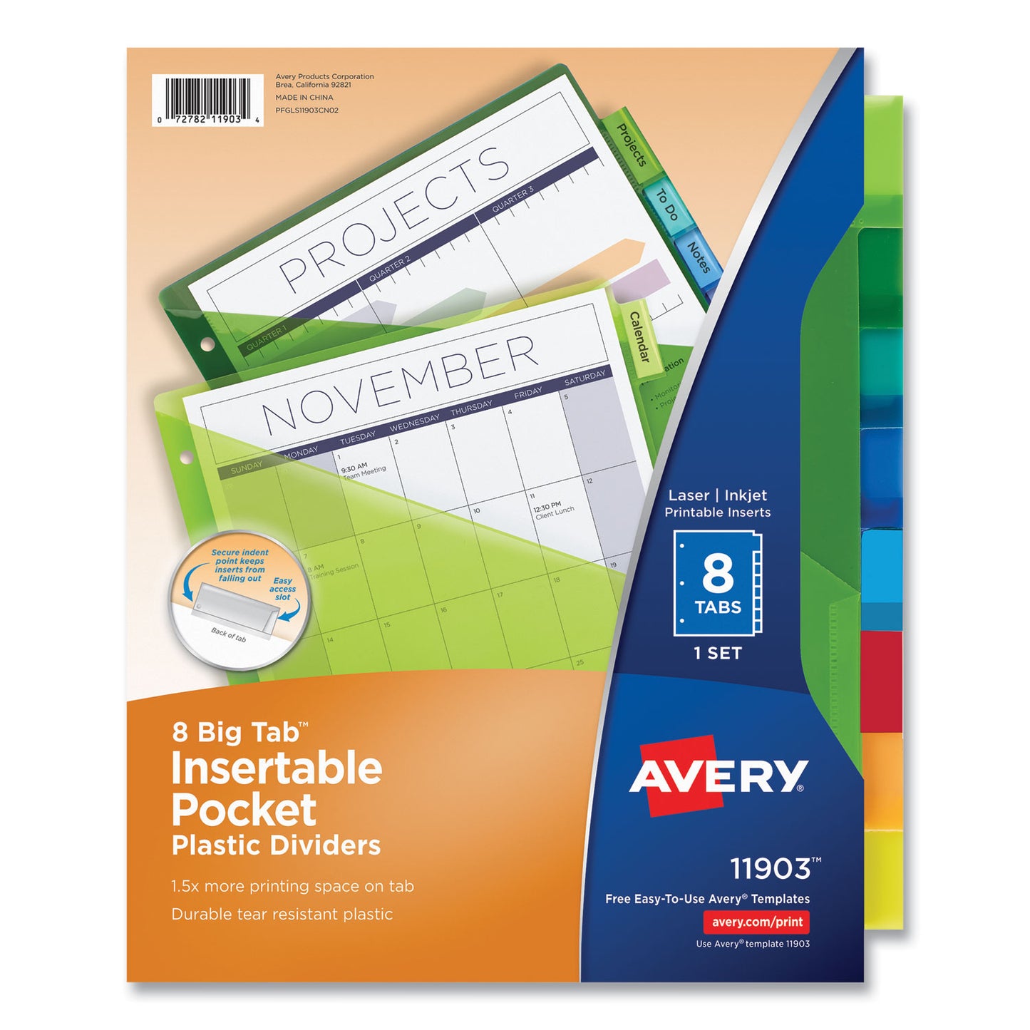 Avery Insertable Big Tab Plastic 1-Pocket Dividers, 8-Tab, 11.13 x 9.25, Assorted, 1 Set (11903)