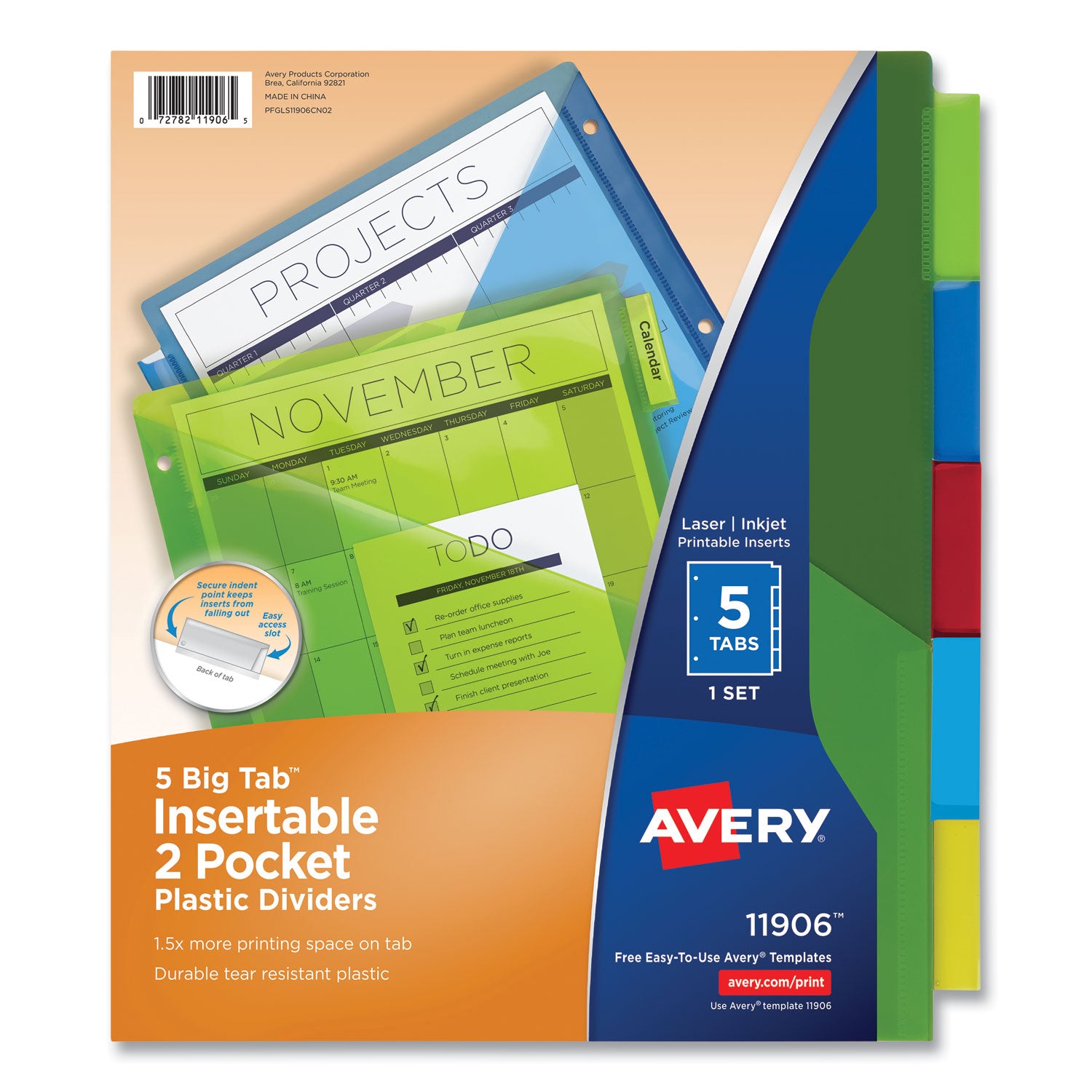 Avery Insertable Big Tab Plastic 2-Pocket Dividers, 5-Tab, 11.13 x 9.25, Assorted, 1 Set (11906)