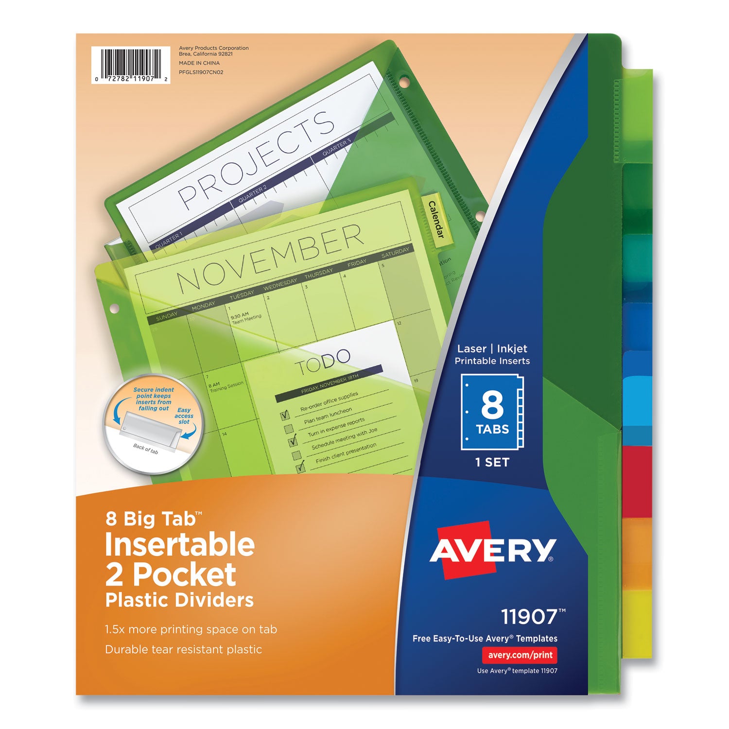 Avery Insertable Big Tab Plastic 2-Pocket Dividers, 8-Tab, 11.13 x 9.25, Assorted, 1 Set (11907)