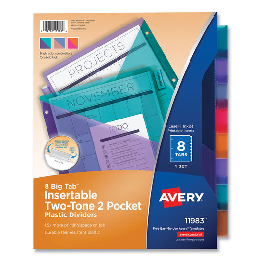 Avery Big Tab Insertable Two-Pocket Plastic Dividers, 8-Tab, 11.13 x 9.25, Assorted, 1 Set (11983)