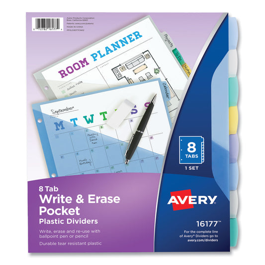 Avery Write and Erase Durable Plastic Dividers with Slash Pocket, 3-Hold Punched, 8-Tab, 11.13 x 9.25, Assorted, 1 Set (16177)