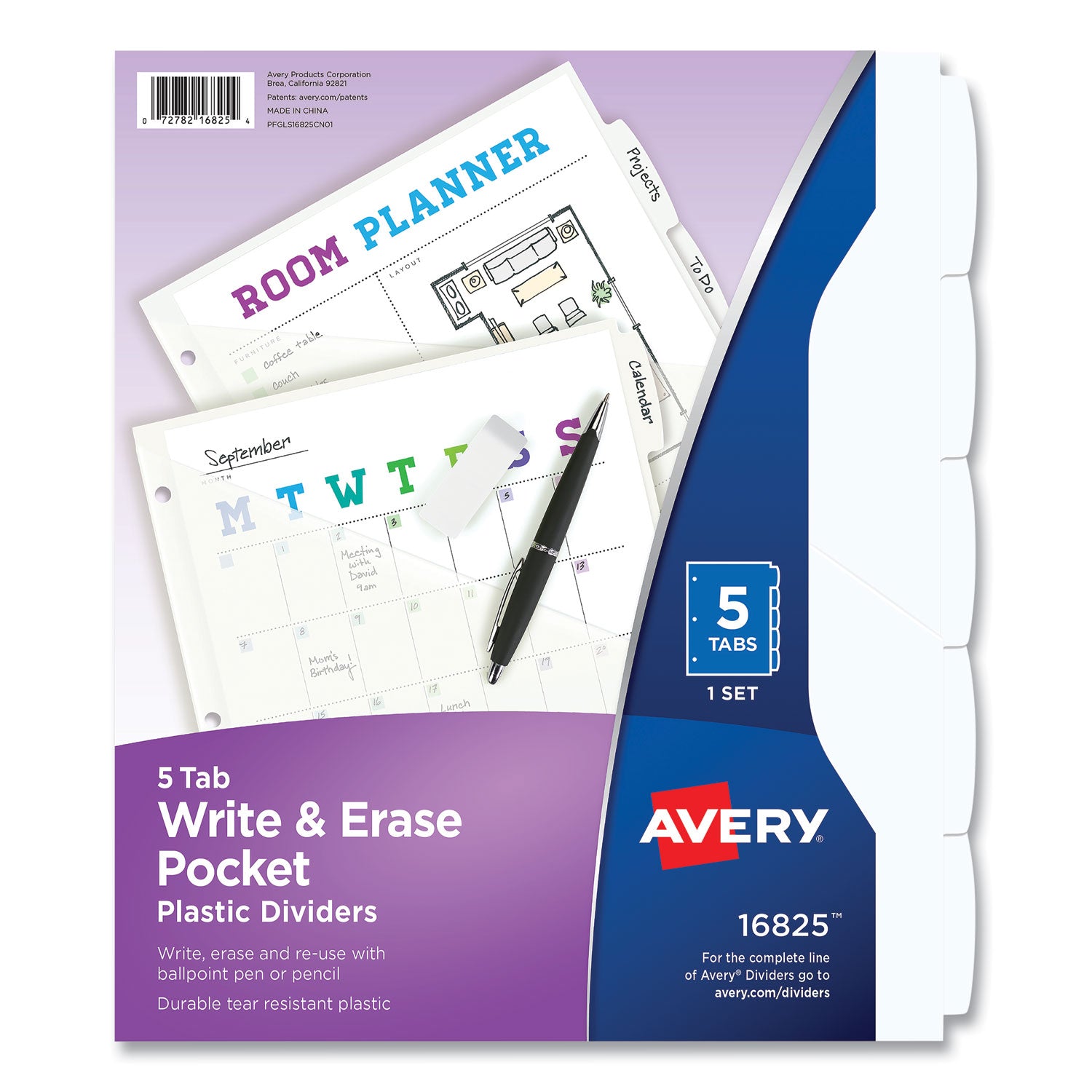 Avery Write and Erase Durable Plastic Dividers with Straight Pocket, 5-Tab, 11.13 x 9.25, White, 1 Set (16825)