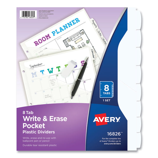 Avery Write and Erase Durable Plastic Dividers with Straight Pocket, 8-Tab, 11.13 x 9.25, White, 1 Set (16826)