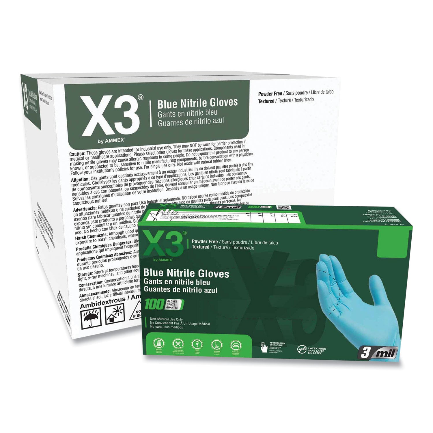 X3 by AMMEX Industrial Nitrile Gloves, Powder-Free, 3 mil, Small, Blue, 100/Box, 10 Boxes/Carton (X342100)