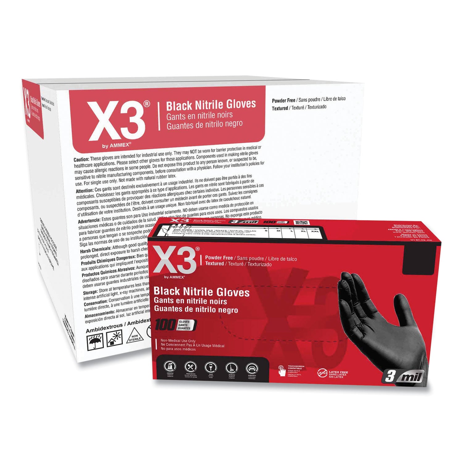 X3 by AMMEX Industrial Nitrile Gloves, Powder-Free, 3 mil, X-Large, Black, 100/Box, 10 Boxes/Carton (BX348100)