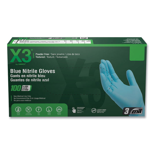 X3 by AMMEX Industrial Nitrile Gloves, Powder-Free, 3 mil, Large, Blue, 100/Box, 10 Boxes/Carton (X346100)