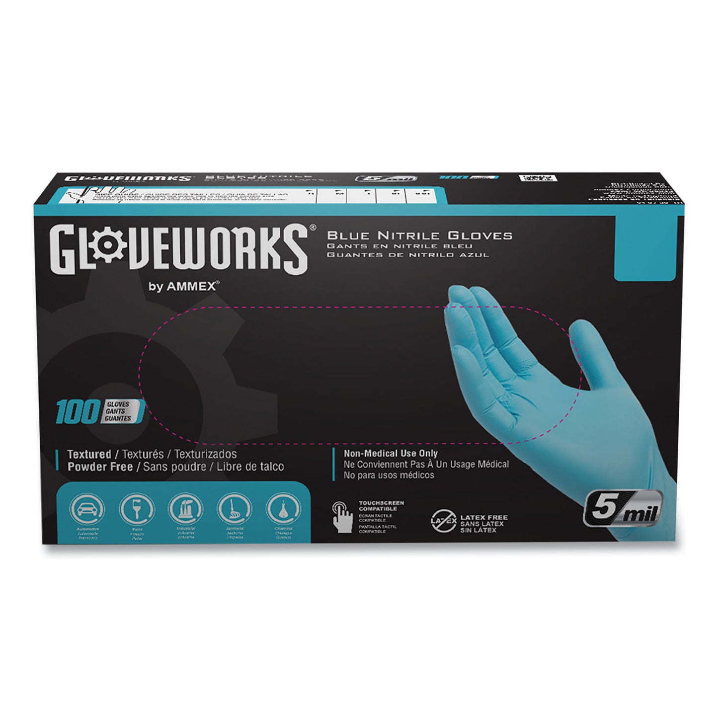 GloveWorks by AMMEX Industrial Nitrile Gloves, Powder-Free, 5 mil, Small, Blue, 100 Gloves/Box, 10 Boxes/Carton (INPF42100)