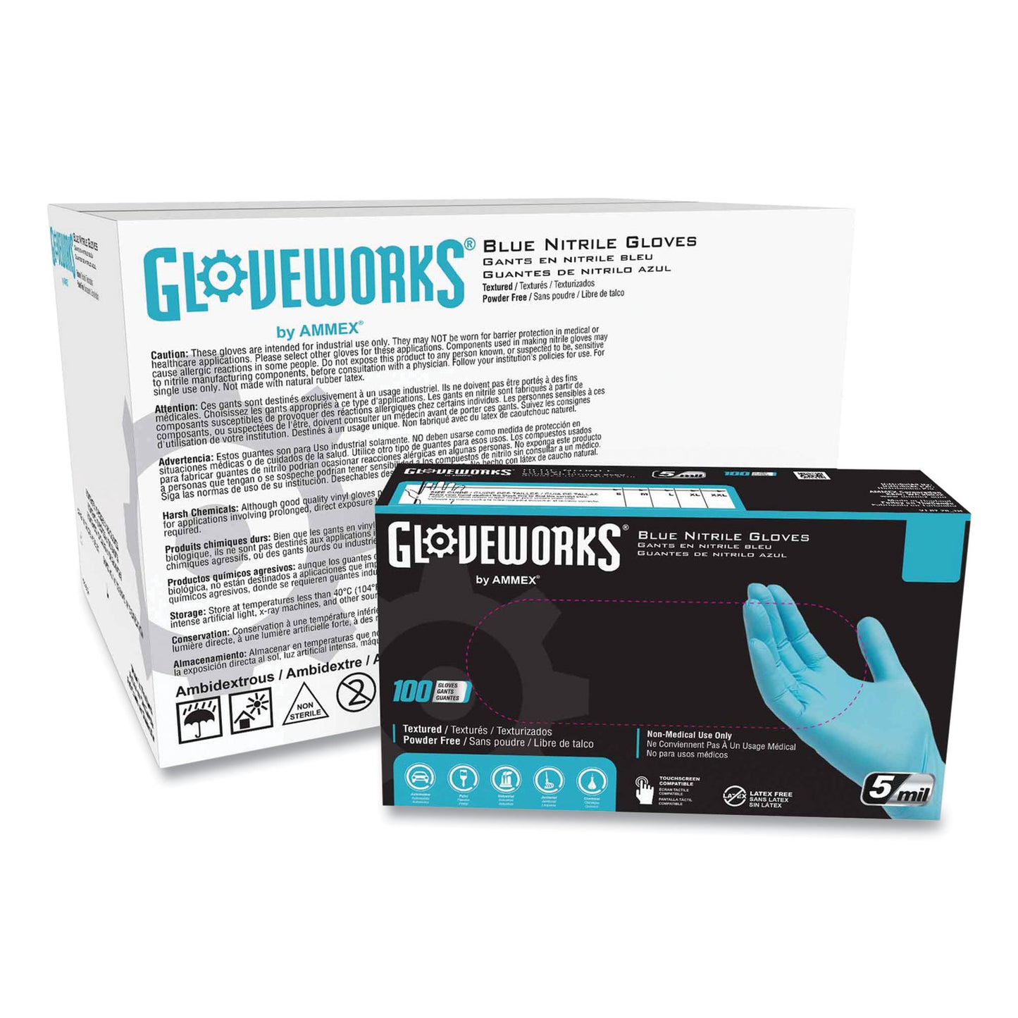 GloveWorks by AMMEX Industrial Nitrile Gloves, Powder-Free, 5 mil, Medium, Blue, 100/Box, 10 Boxes/Carton (INPF44100)