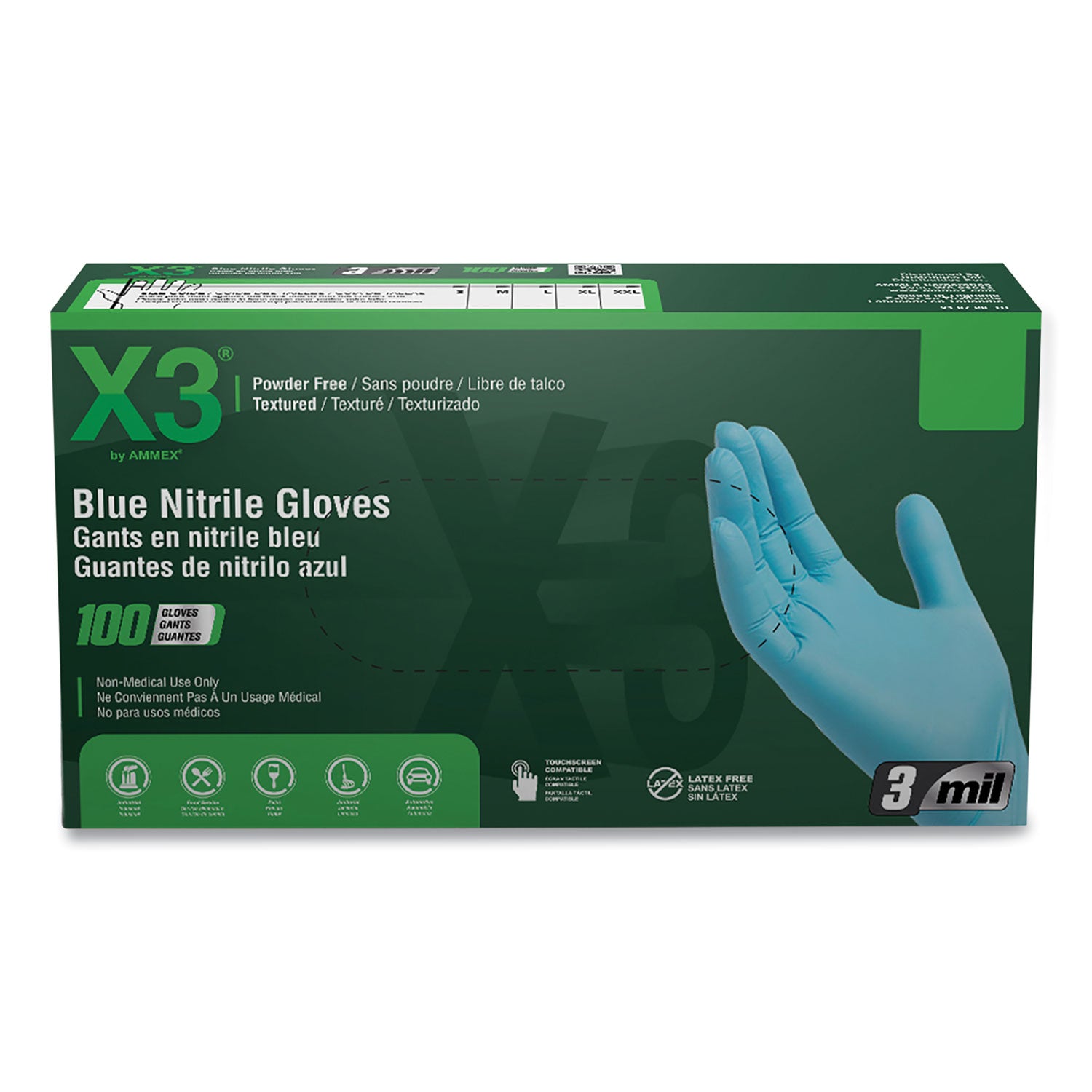 X3 by AMMEX Industrial Nitrile Gloves, Powder-Free, 3 mil, Medium, Blue, 100/Box, 10 Boxes/Carton (X344100)